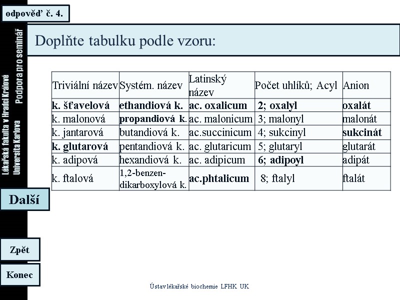 odpověď č. 4. Ústav lékařské biochemie LFHK UK Konec Zpět Další Doplňte tabulku odpověď č. 4. Ústav lékařské biochemie LFHK UK Konec Zpět Další Doplňte tabulku